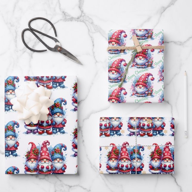 Niedliche Whimsical Watercolor Holiday Gnomes Geschenkpapier Set (Vorderseite)
