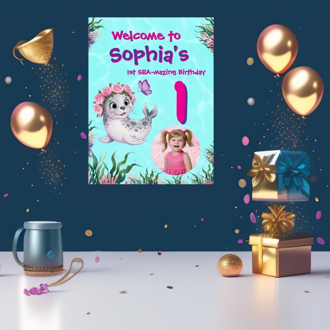 Niedliche Whimsikflorale Sealion Geburtstag Willko Poster (Von Creator hochgeladen)