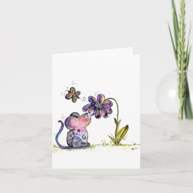 Niedliche Whimsikmouse und Blume Karte (Vorderseite)