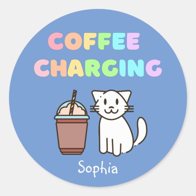 Niedliche White Cat & Funny Coffee Caffeine Rainbo Runder Aufkleber (Vorderseite)