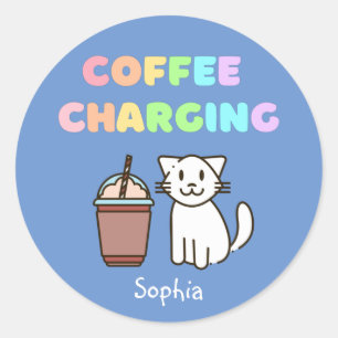 Niedliche White Cat & Funny Coffee Caffeine Rainbo Runder Aufkleber
