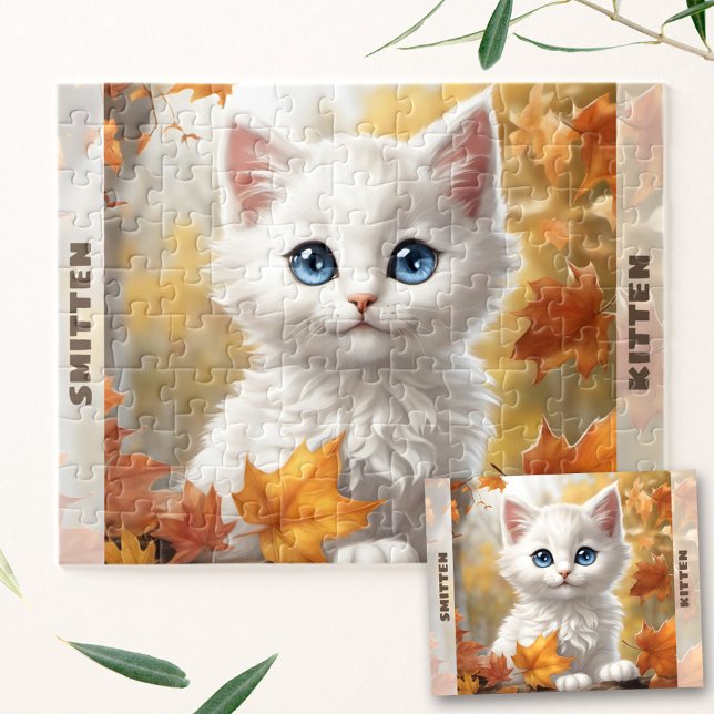 Niedliche White Cat Kitten Herbst Individuelle Nam Puzzle (Cute White Cat Kitten Fall Autumn Custom Name Jigsaw Puzzle)