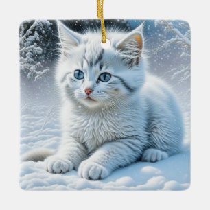 Niedliche White Cat Playing im Schnee Weihnachten Keramikornament