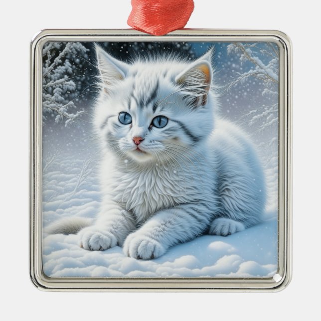 Niedliche White Cat Playing im Schnee Weihnachten Ornament Aus Metall (Vorne)