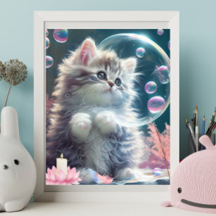 Niedliche White Cat Spielen mit Bubbles Art Kinder Poster