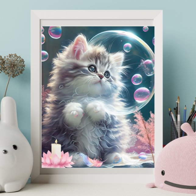 Niedliche White Cat Spielen mit Bubbles Art Kinder Poster (Von Creator hochgeladen)