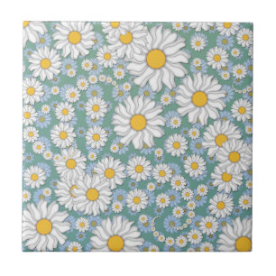 Niedliche White Daisies auf Dusty Aquamarin Blue G Fliese