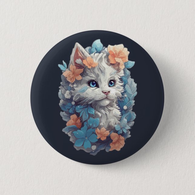 Niedliche White Floral Kitty Cat Button (Vorderseite)