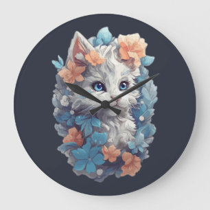 Niedliche White Floral Kitty Cat Große Wanduhr