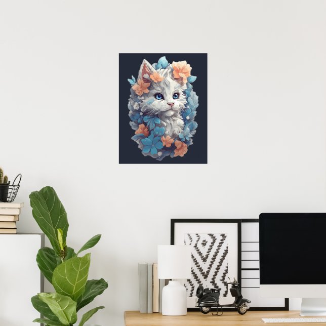 Niedliche White Floral Kitty Cat Poster (Heimbüro)