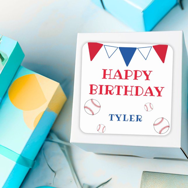 Niedliche White Kids Baseball Happy Birthday Stick Quadratischer Aufkleber (Von Creator hochgeladen)