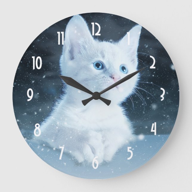 Niedliche White Kitten mit Hübschen Blue Eyes Große Wanduhr (Vorderseite)