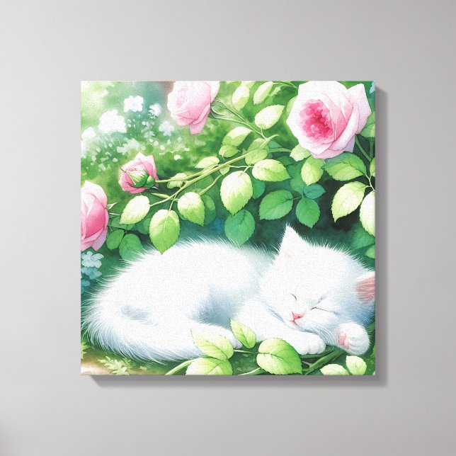 Niedliche White Kitten Napping unter Rosebush Leinwanddruck (Vorderseite)