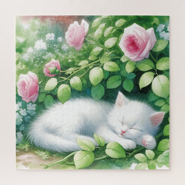 Niedliche White Kitten Napping unter Rosebush Puzzle (Vertikal)