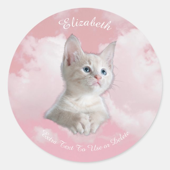 Niedliche White Kitten Pink Sky Wolken Name, Extra Runder Aufkleber (Vorderseite)