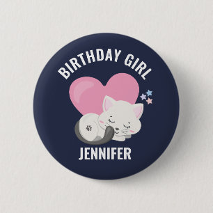 Niedliche White Kitty Cat mit Pink Heart Birthday  Button