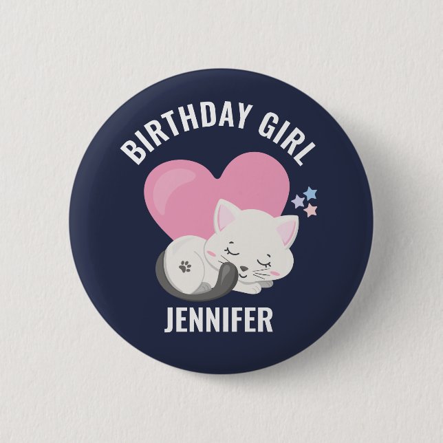 Niedliche White Kitty Cat mit Pink Heart Birthday  Button (Vorderseite)