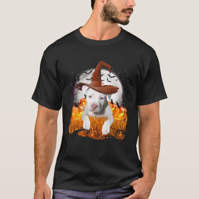 Niedliche White Pit Bull-HundeHexe auf Halloween K T-Shirt (Vorderseite)