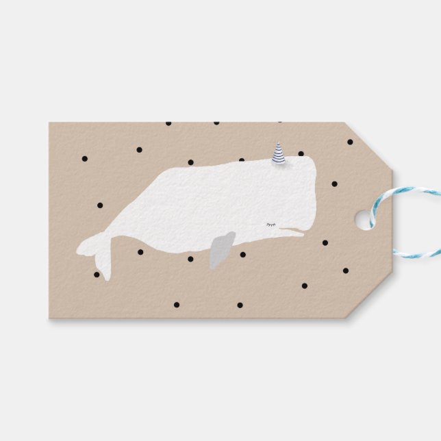 Niedliche White Whale Baby Dusche Neutral Beige Geschenkanhänger (Vorderseite (Horizontal))