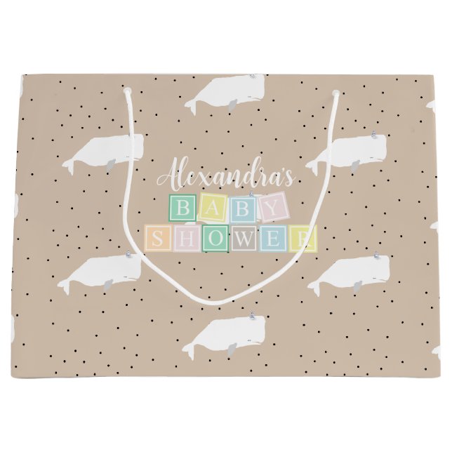 Niedliche White Whale Baby Dusche Neutral Beige Große Geschenktüte (Vorderseite)