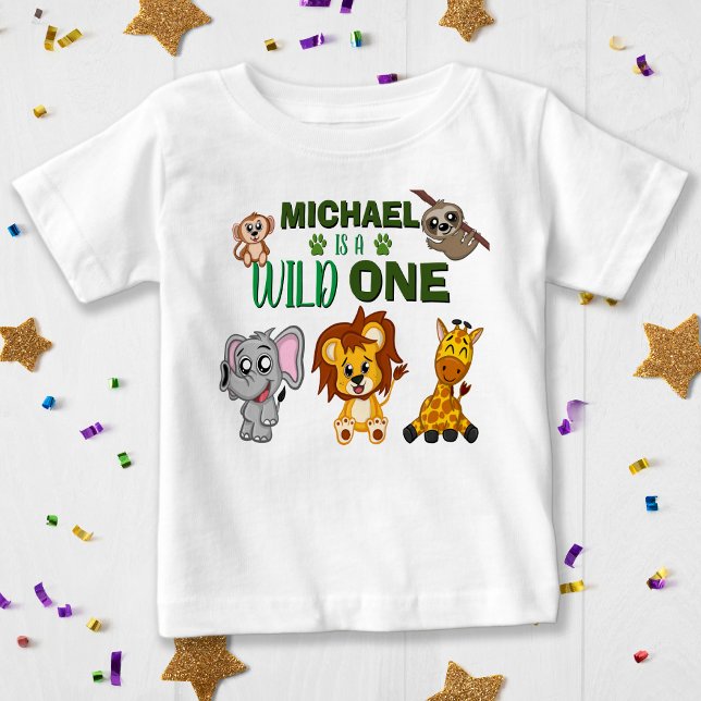 Niedliche wild lebende Dschungelsafari Tiere zum e Baby T-shirt (Cute Wild One Jungle Safari Animals First Birthday Baby T-Shirt)