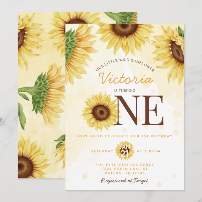 Niedliche Wild-Sonnenblume, die 1. Geburtstag Part Einladung (Vorne/Hinten)
