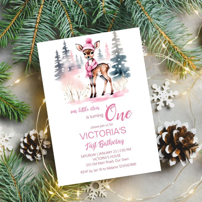 Niedliche Wildmädchen Geburtstagsgeschenk Einladung (Cute deer Winter girls birthday party editable template invitation digital download watercolor)