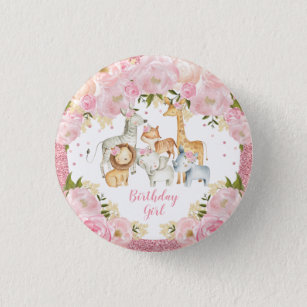 Niedliche Wildtiere Blush Pink Bloral Geburtstagsm Button