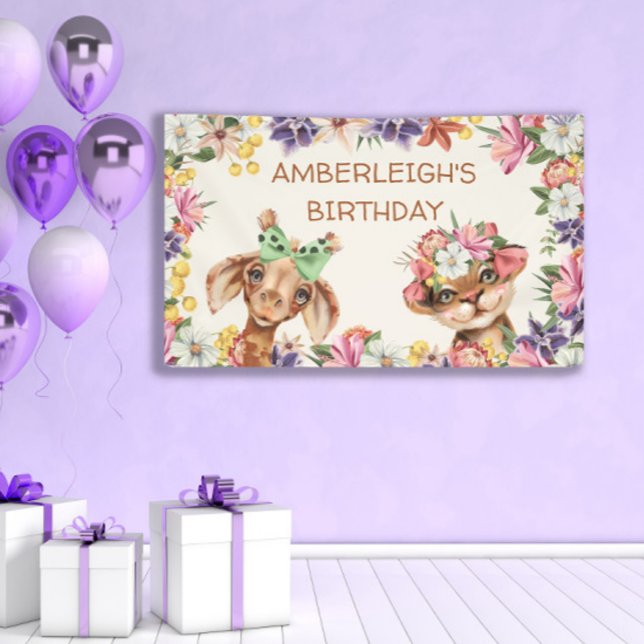 Niedliche Wildtiere Giraffe Tiger Blume Geburtstag Banner (Von Creator hochgeladen)