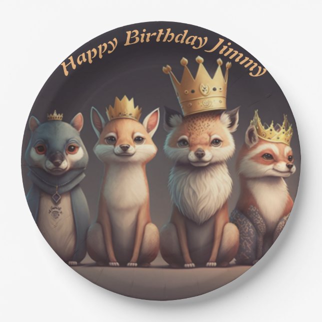 Niedliche Wildtiere mit Kronen Pappteller (Vorderseite)