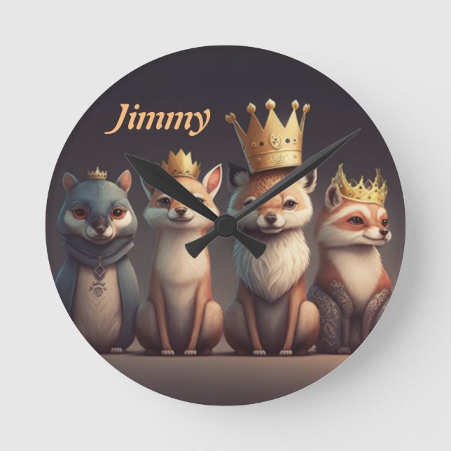 Niedliche Wildtiere mit Kronen Runde Wanduhr (Vorderseite)