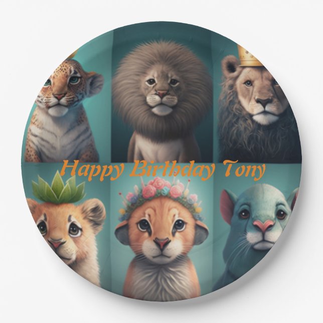 Niedliche Wildtiere mit Kronenblau Pappteller (Vorderseite)