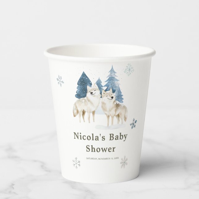 Niedliche Winter Arctic Wolf Babydusche Pappbecher (Rückseite)