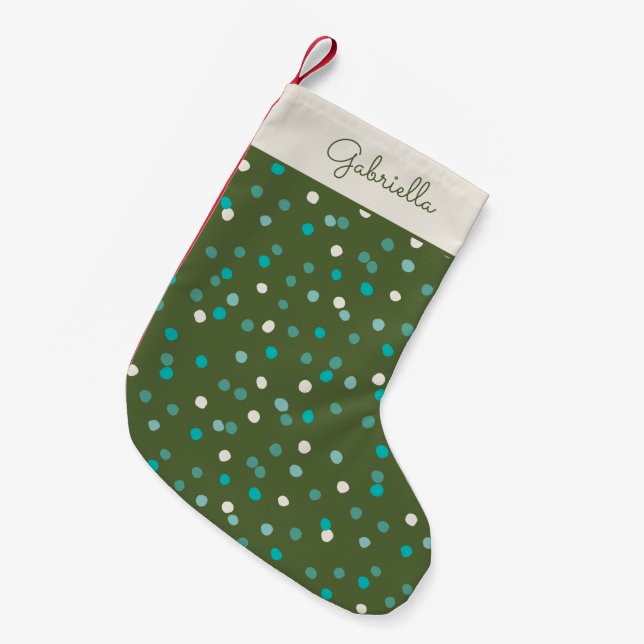 Niedliche Winter Polka Dots Grün Personalisiert Kleiner Weihnachtsstrumpf (Vorderansicht (hängend))