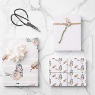 Niedliche Winter Sparrow-Aquarellbilder Geschenkpapier Set