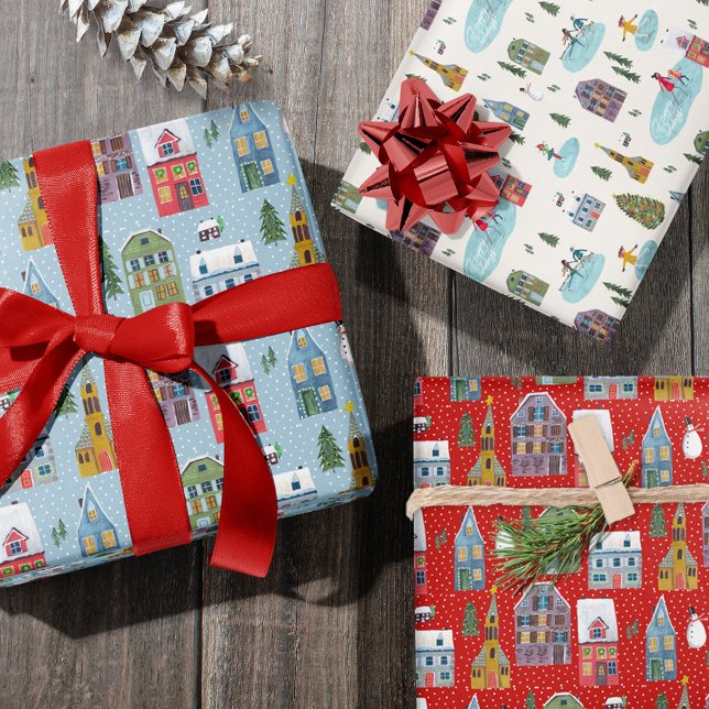 Niedliche Winterhausdörflichkeiten Weihnachten Geschenkpapier Set (Cute Winter House Village Scene Christmas Wrapping Paper Sheets)