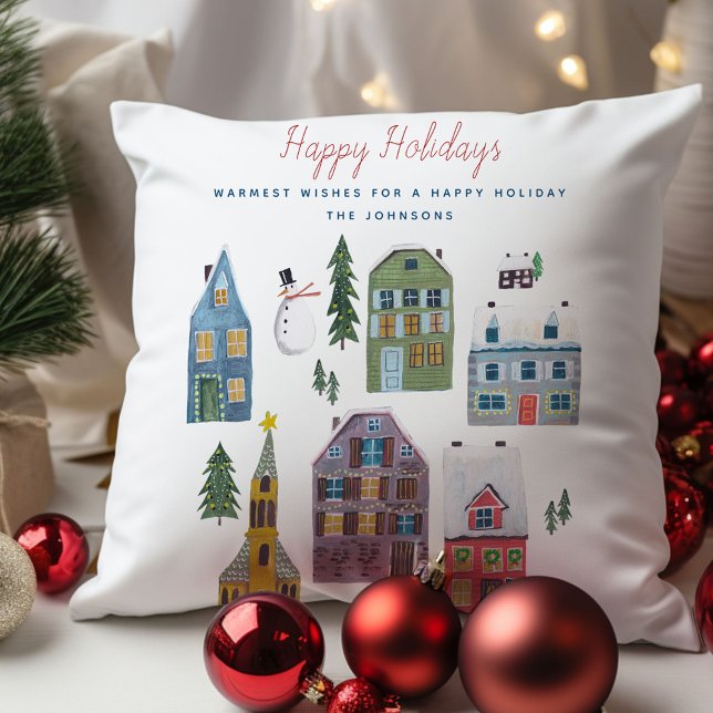 Niedliche Winterhausdörflichkeiten Weihnachten Kissen (Cute Winter House Village Scene Christmas Throw Pillow)