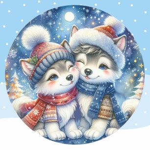 Niedliche Winterhunde Husky Welpen Weihnachten 20 Runder Aufkleber