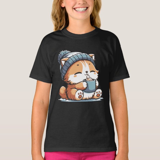 Niedliche Winterkatze mit Beanie Cozy Kawaii Tier T-Shirt (Vorderseite)