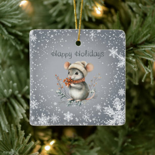 Niedliche Wintermaus mit Berries Keramikornament