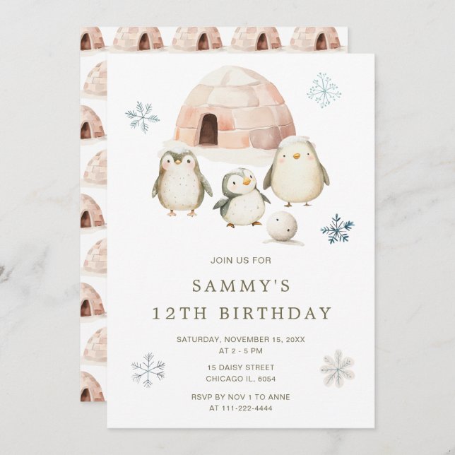 Niedliche Winterpinguine Geburtstagsparty Einladung (Vorne/Hinten)
