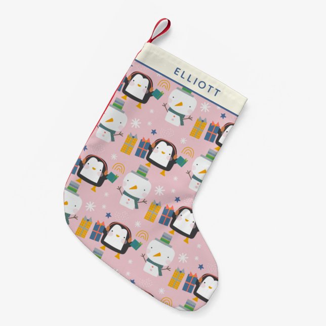 Niedliche Winterpinguine und Snowman Pink Personal Kleiner Weihnachtsstrumpf (Vorderansicht (hängend))