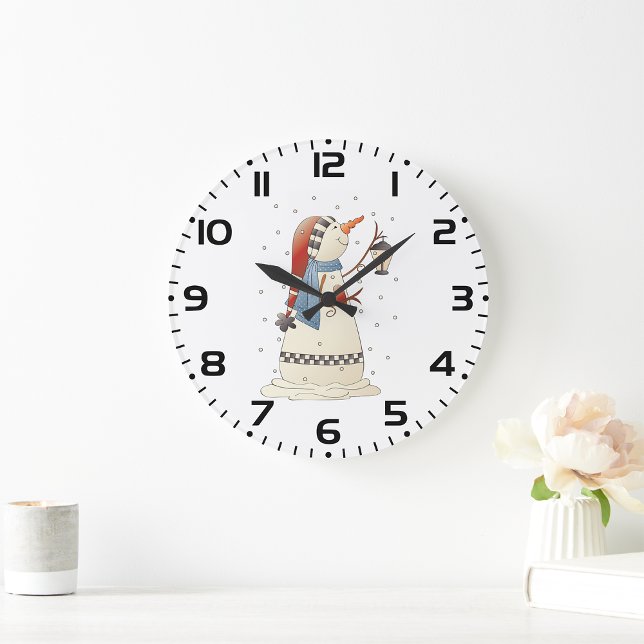 Niedliche Winterschneefrau mit Lattern Große Wanduhr (Von Creator hochgeladen)