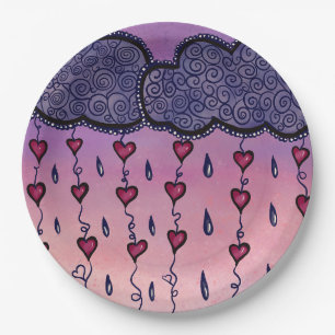 Niedliche Wolken, Herzen und Regentropfen Pappteller