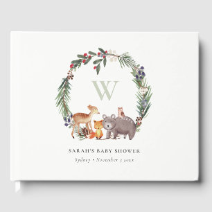 Niedliche Woodland Animal Leafy Wreath Baby Dusche Gästebuch