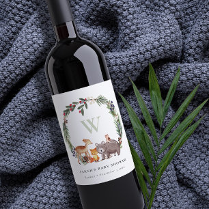 Niedliche Woodland Animal Leafy Wreath Baby Dusche Weinetikett