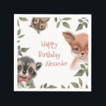 Niedliche Woodland Animals Kinder-Geburtstagsparty Serviette<br><div class="desc">Feiern Sie den Geburtstag Ihres Kindes mit dieser bezaubernden Papierserviette mit niedlichen Waldtieren, die ein kleines Party Liebe würde. Es gibt einen Waschbär in einer Krawatte mit rotem Bogen, eine Eule, die von oben windet, und einen Fuchs mit runden Brillen. Happy Birthday Text ist in einem skurrilen kinderähnlichen Gesicht geschrieben...</div>