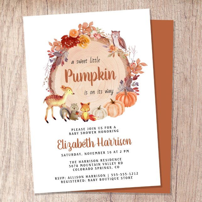 Niedliche Woodland Animals Pumpkin Baby Dusche Einladung (Celebrate the upcoming arrival of your sweet little autumn baby with a pumpkin-themed baby shower)