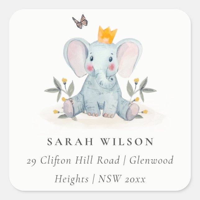 Niedliche Woodland Baby Elephant Foliage Adresse Quadratischer Aufkleber (Vorderseite)