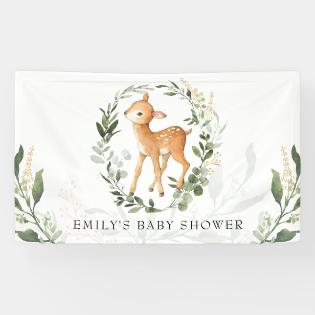 Niedliche Woodland Deer Greenery Gold Baby Dusche Banner (Horizontal)